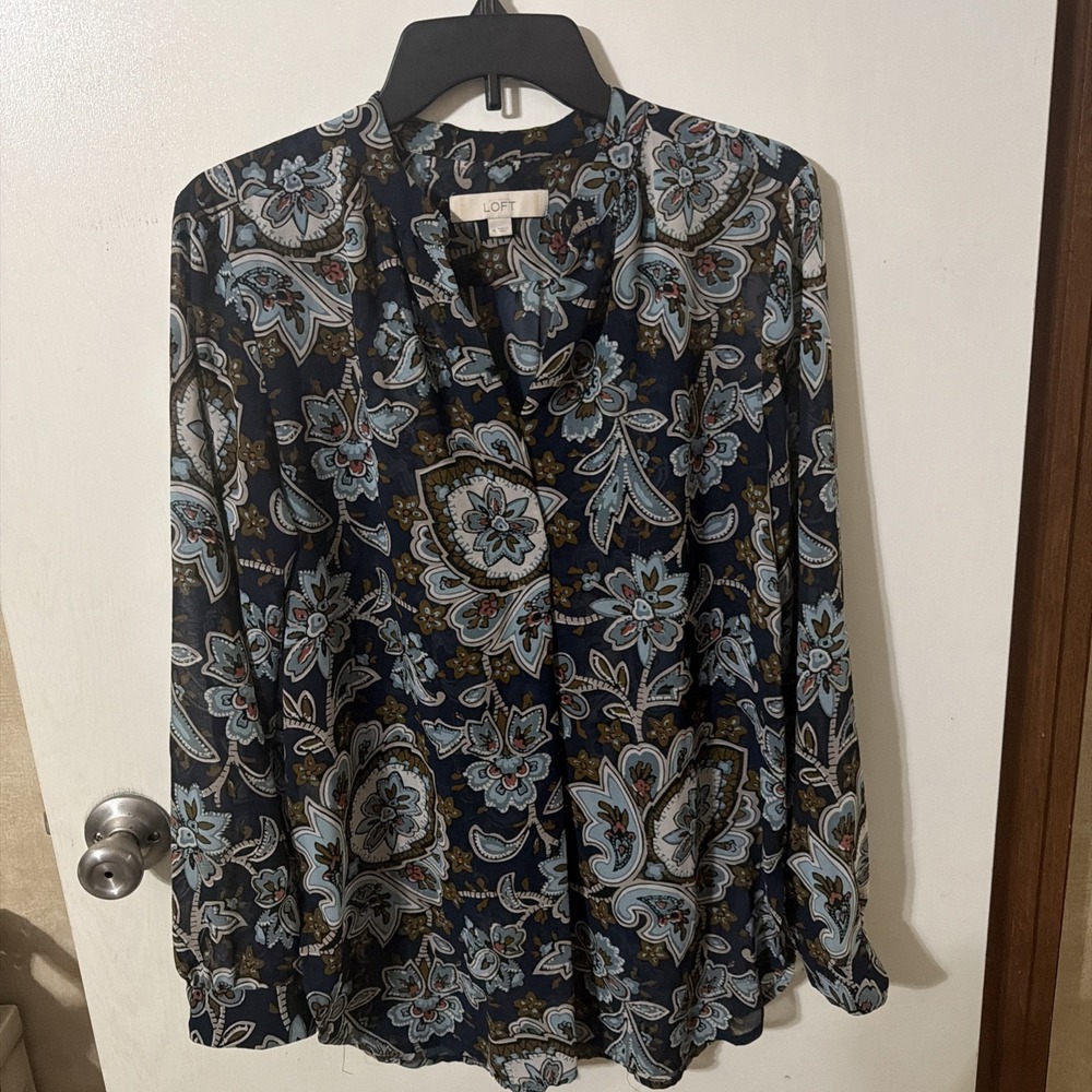 Loft Blue Plaisley Long Sleeve Deep V-neck Lightweight Flowy Blouse Top Size M